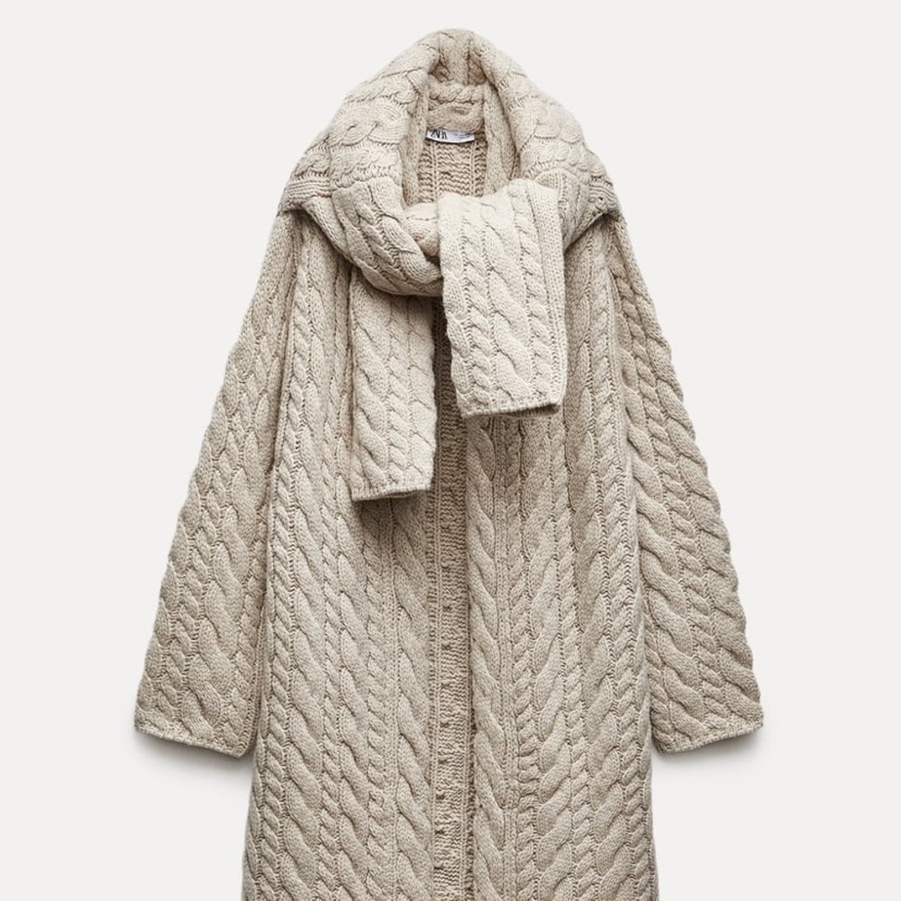 Zara Cable Knit Long Cardigan Coat with Scarf - Beige